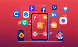 a red background with an image of two smartphones next to each other,a phone surrounded by many icons, such as facebook and twitter