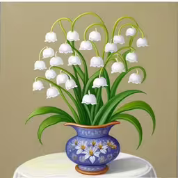 the flowers are in the blue vase and white ones,a painting of some kind of flowers in a vase,a picture of a blue vase with white flowers,a painting of a bouquet of lilies in a vase on a table,a painting of a blue vase filled with white flowers
