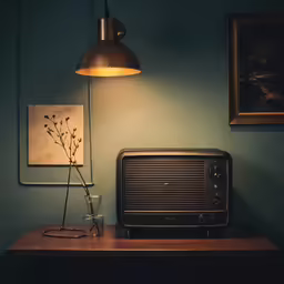 a table with a radio and a vase