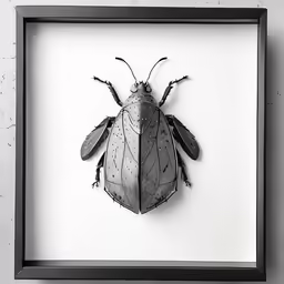 a black and white bug mounted inside a black frame