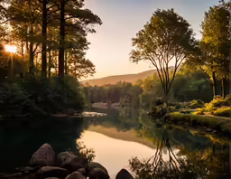 there is a beautiful sunset over the river