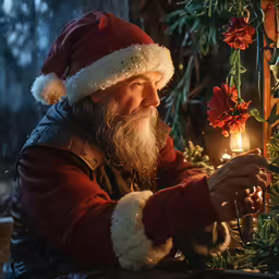 a man dressed as santa claus holding a lit candle