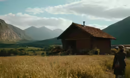 a woman is looking out over the countryside
