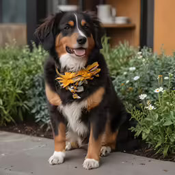 a cute black, brown and white dog sitting in a flower garden