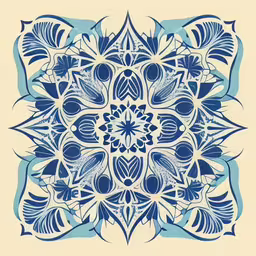 a blue and white geometric pattern with leaves on a light blue background,an image of a blue and white design on the fabric