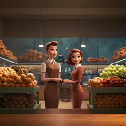 an animated scene of two women near a fruit stand