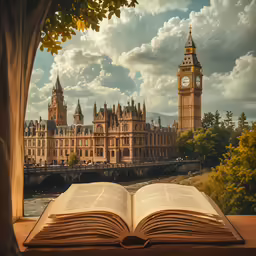 an open book is sitting on a table by the river with big ben in the background