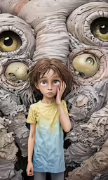 a kid stands in front of an artwork depicting some strange looking eyeballs