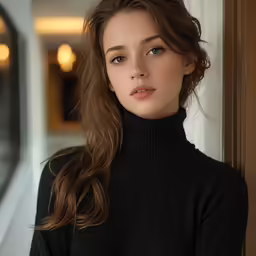 a girl is wearing a black sweater and posing for a photo