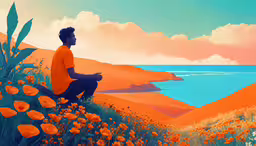 a man sits on a hilltop in an orange and blue landscape,a man sitting in a field next to a body of water