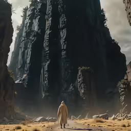 a man walking through an arid forest covered in rocks