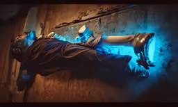 a person laying on top of the floor in front of a wall