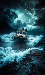 the ship is sinking at sea during a storm