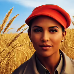 a woman in a field of wheat looking at the camera