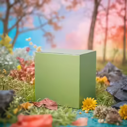 a green block sitting on top of a pile of grass