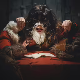 a woman in an elaborate costume reading from a book