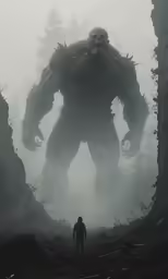 a man standing in the fog with giant, very massive, evil looking, and humanoid like creatures surrounding him