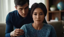 a young man putting on his sweater next to a woman