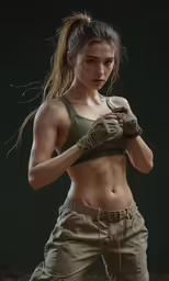 a woman in an army green crop top, pants and gloves poses