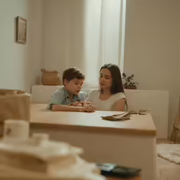 a woman and child sitting at the table