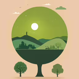 a tree with hills and grass on a beige background,a very cute and unusual poster with some trees