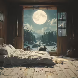 a bedroom is made up and there is a window in front of the bed