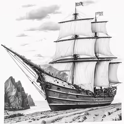 an illustration of a ship with lots of sails
