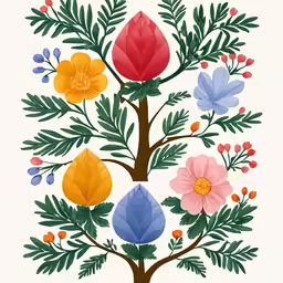 a colorful tree with flowers and leaves