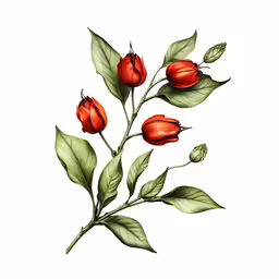 red tulips with green leaves on a white background
