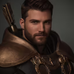 the man dressed in armor is holding a giant horn