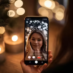 a woman looking at her cell phone with christmas lights in the background
