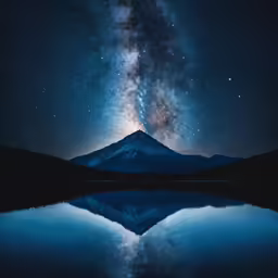 the night sky reflects in a still lake on a clear day