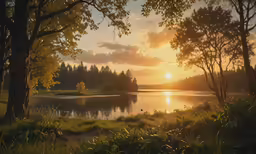 the sun is setting over the lake in the woods