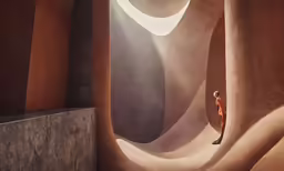 a man standing in a cave, near the sun