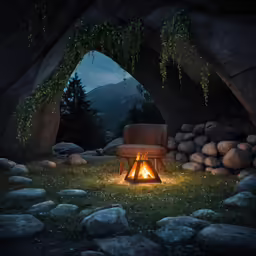 the chair is illuminated inside of a cave