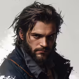 a painting shows the face of a man with dark hair and beard