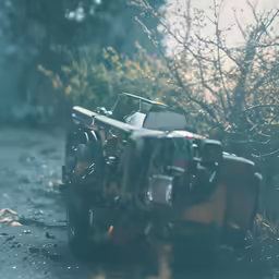 a broken and wrecked off road vehicle on a dirty road