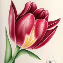 a drawing of an image of a tulip,an illustration of a red and yellow flower,a drawing of a red and white flower on white background,a drawing of two flowers in a vase,an old antique picture showing a tulip with some leaves