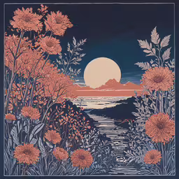 a blue and orange artwork with trees and flowers in the background,an image of a painting with wildflowers and water at night