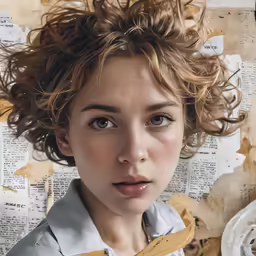 a woman that has a tie in front of a paper background