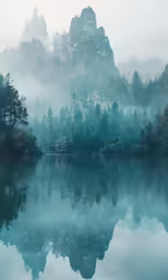 mountain peaks are rising above a calm lake