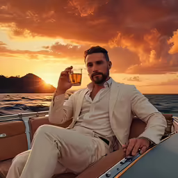 a man sitting on the back of a boat holding a glass of alcohol