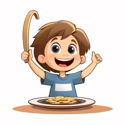 a boy is holding his arm above a plate with a pile of gold coins on it