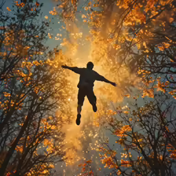 a man on skis reaching to the sky with trees in front of him