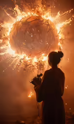 a woman holding a cellphone while looking at fireworks