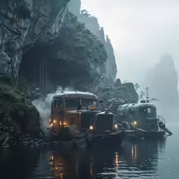 two trucks parked in the water next to a mountain