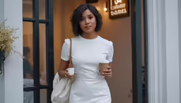 a woman in white stands outside of a building