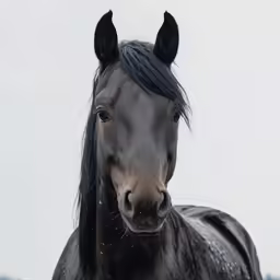 a horse with long hair standing next to each other