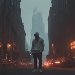 a man in a hoodie stands on a city street
