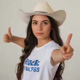 a beautiful young girl wearing a white t - shirt and cowboy hat